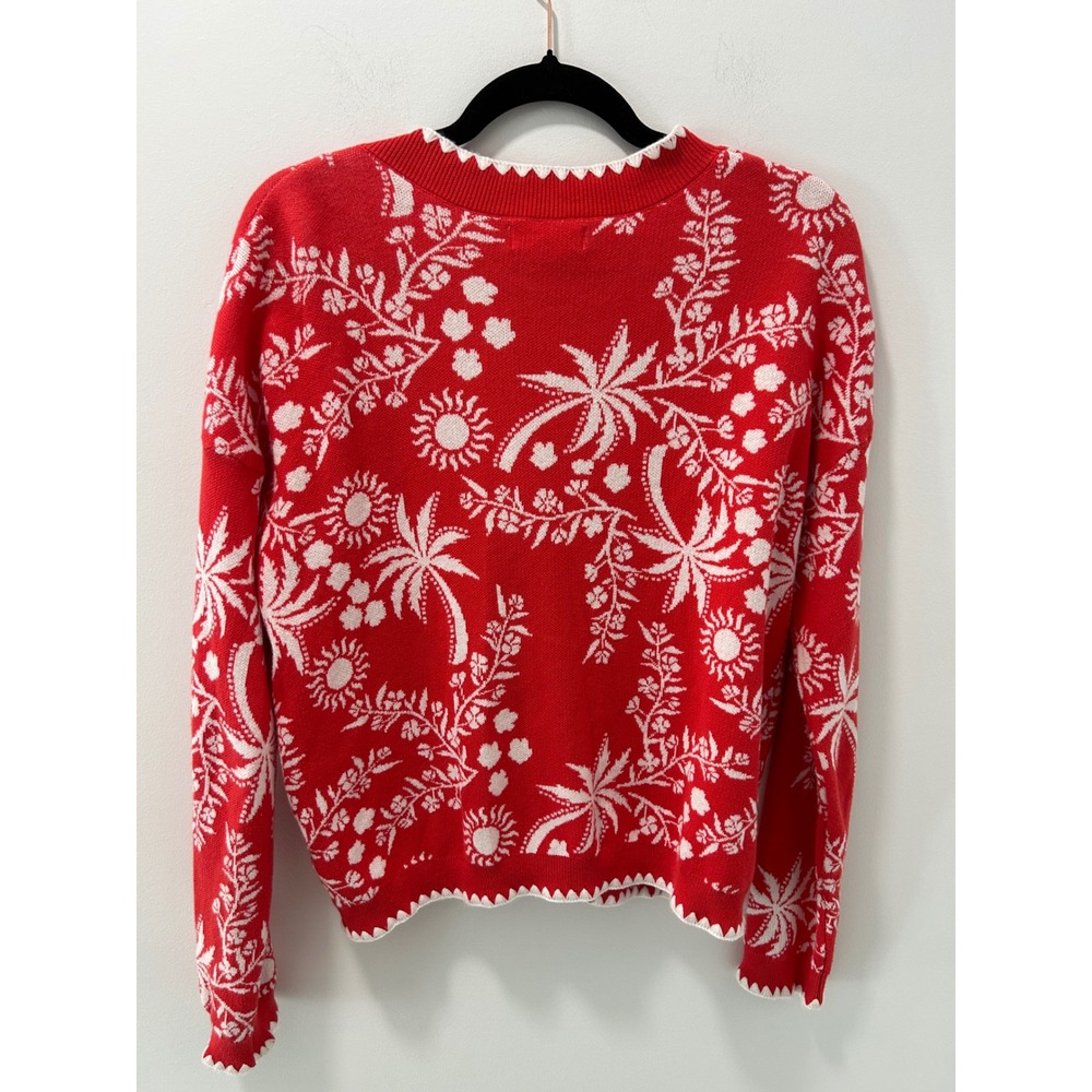 Cynthia Rowley Red White Tropical Palm Tree Scalloped Cotton Cardigan Sweater M - Picture 9 of 9